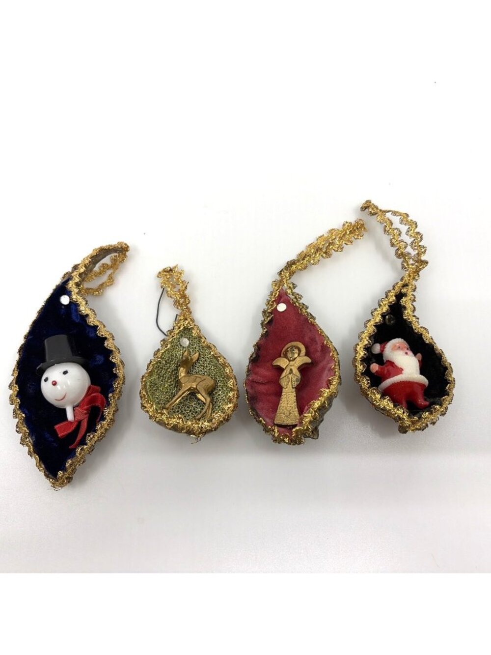 Lot 4 Vintage Milkweed Pod Diorama Christmas Ornaments Santa Angel Snowman Deer